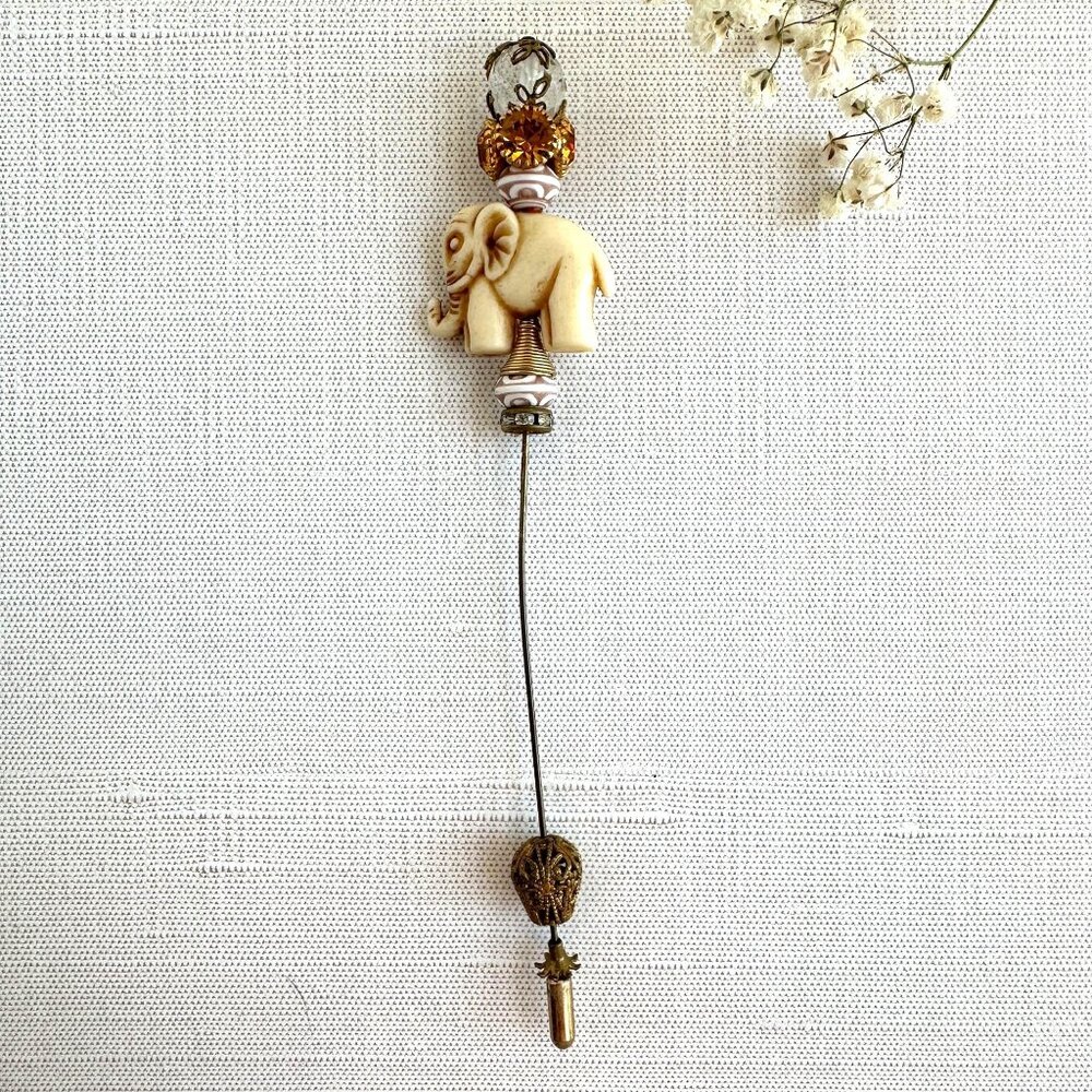 Carved Bone Elephant Hat Pin Amber Rhinestone Accent